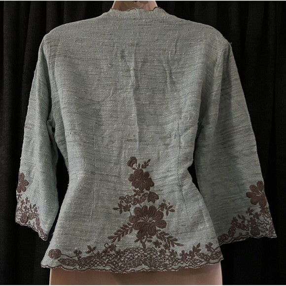 Two Star Dog TSD Green Brown Floral Embroidered 3/4 Sleeve 100% Silk Jacket S - Picture 4 of 8